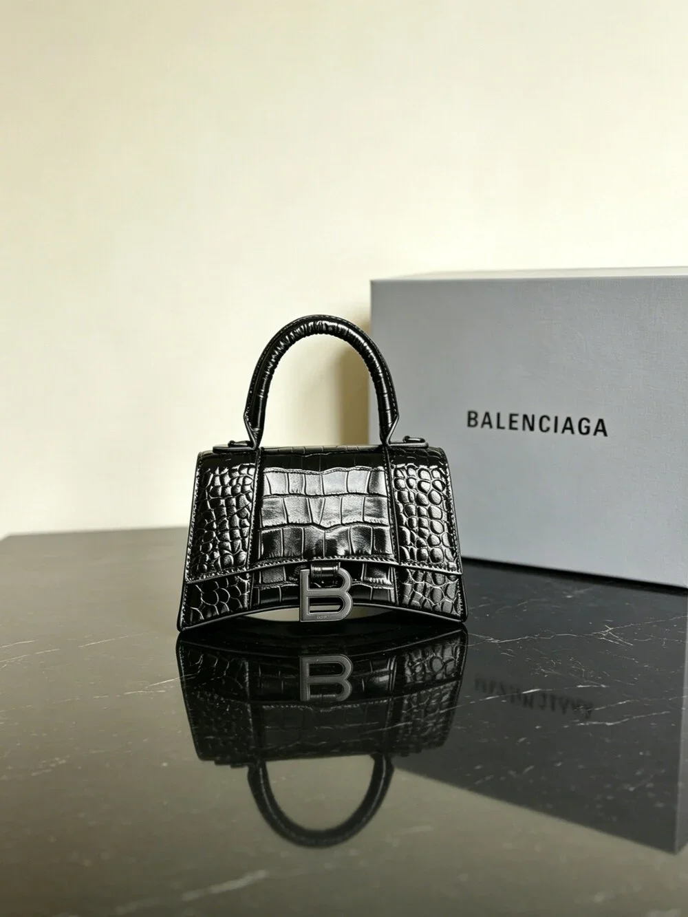 Balenciaga Hourglass XS Black Crocodile Embossed Handbag